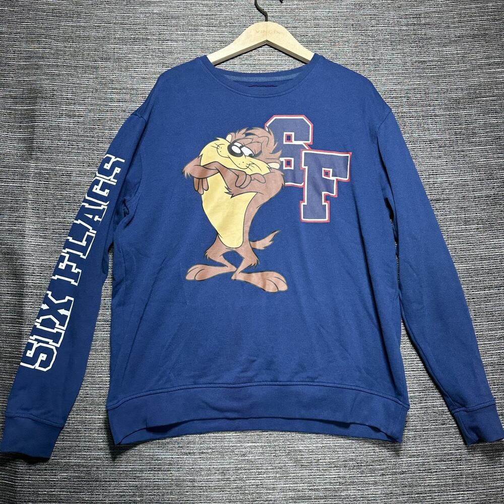 Six Flags Sweatshirt Men's Size XL Blue Taz Looney Tunes Pullover Long Sleeve